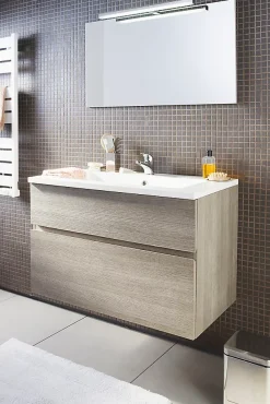 Cooke & Lewis Meuble vasque suspendu effet chêne clair l.90 cm + plan vasque blanc en résine, Calao