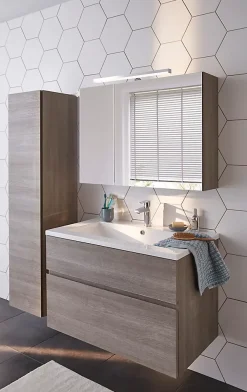 Cooke & Lewis Meuble vasque suspendu effet chêne clair l.90 cm + plan vasque blanc en céramique, Calao