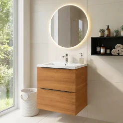 Meuble Vasque|GoodHome Meuble vasque suspendu effet noyer l.60 cm Imandra + plan vasque blanc céramique Nira,