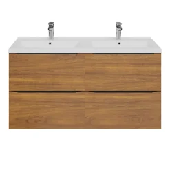 GoodHome Meuble vasque suspendu effet noyer l.120 cm Imandra + plan double vasque blanc céramique Nira,