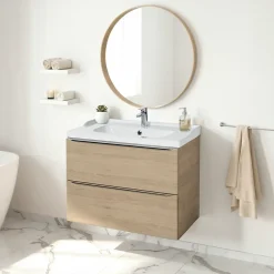 Meuble Vasque|GoodHome Meuble vasque suspendu effet chêne l.80 cm Imandra + plan vasque blanc céramique Lana,