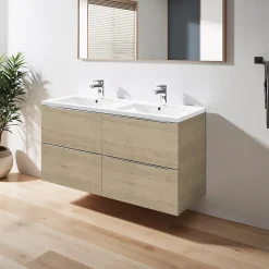 Meuble Vasque|GoodHome Meuble vasque suspendu effet chêne l.120 cm Imandra + plan double vasque blanc céramique Nira,