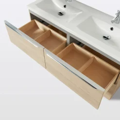 Meuble Vasque|GoodHome Meuble vasque suspendu effet chêne l.120 cm Imandra + plan double vasque blanc céramique Nira,