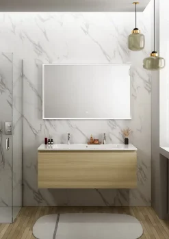 Meuble Vasque|Ipiemme SRL Meuble vasque suspendu effet chêne l.120 cm + plan vasque blanc céramique pour 2 robinets, Pura+