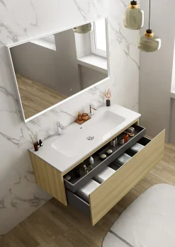 Meuble Vasque|Ipiemme SRL Meuble vasque suspendu effet chêne l.120 cm + plan vasque blanc céramique pour 2 robinets, Pura+