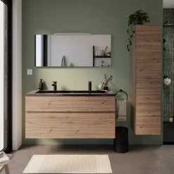 Meuble vasque suspendu effet chêne artisan l.120 cm + plan vasque noir en résine, Calao