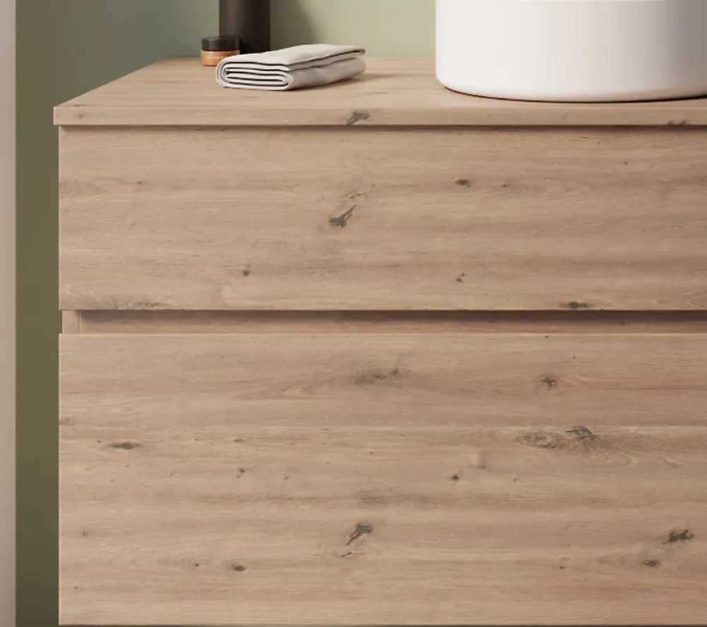 Meuble vasque suspendu effet chêne artisan l.120 cm + plan vasque noir en résine, Calao