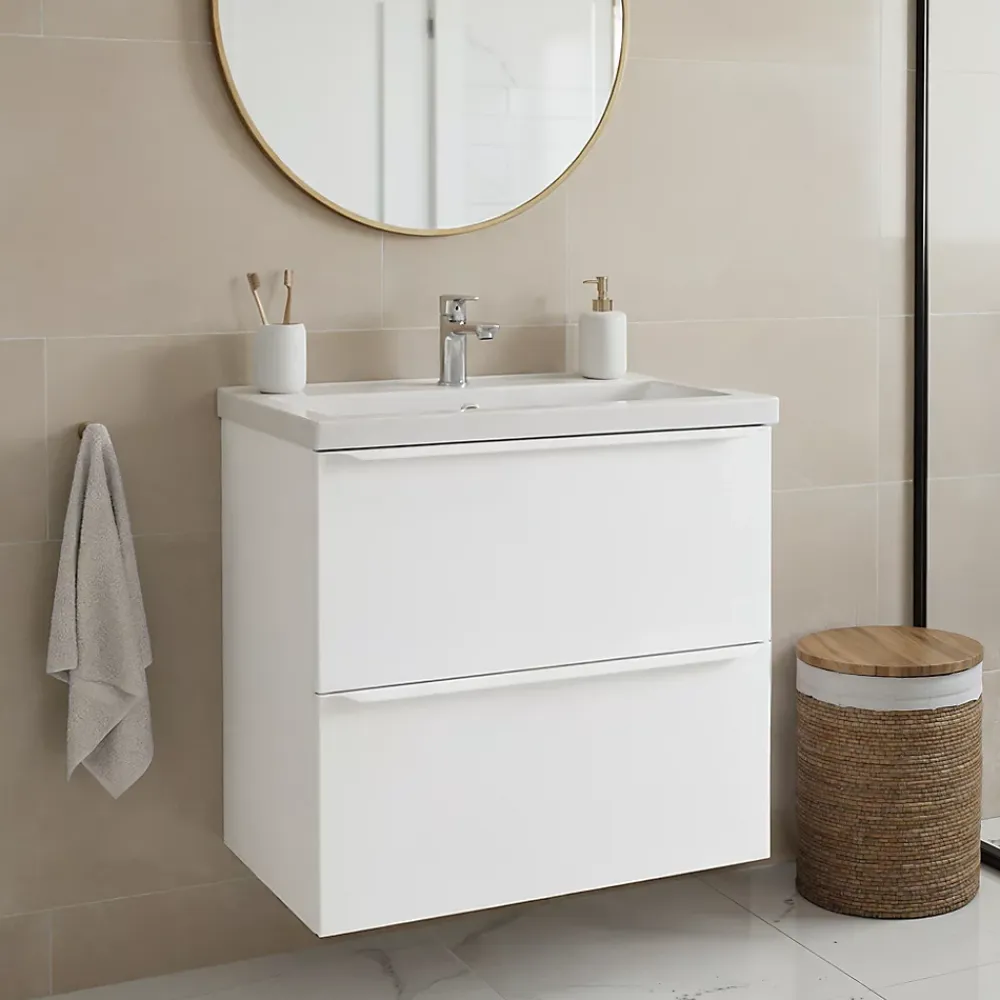 GoodHome Meuble vasque suspendu faible profondeur blanc mat l.60 cm Imandra + plan vasque blanc Nira,