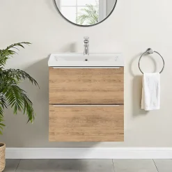 GoodHome Meuble vasque suspendu faible profondeur effet chêne l.60 cm Imandra + plan vasque blanc céramique Nira,