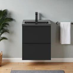 GoodHome Meuble vasque suspendu faible profondeur noir mat l.50 cm Imandra + plan vasque noir céramique Nira,