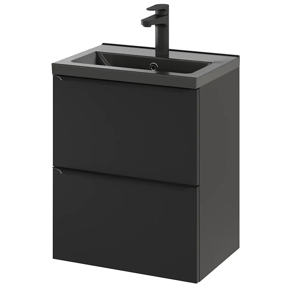 GoodHome Meuble vasque suspendu faible profondeur noir mat l.50 cm Imandra + plan vasque noir céramique Nira,