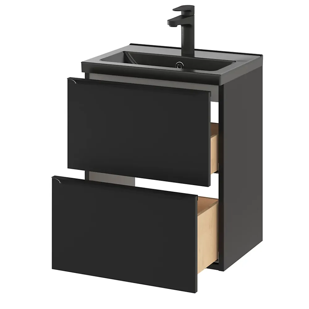 GoodHome Meuble vasque suspendu faible profondeur noir mat l.50 cm Imandra + plan vasque noir céramique Nira,