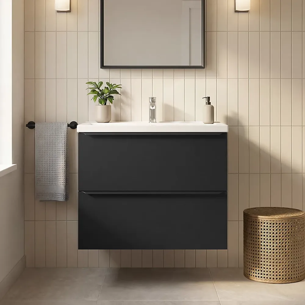 GoodHome Meuble vasque suspendu faible profondeur noir mat l.80 cm Imandra + plan vasque blanc céramique Nira,