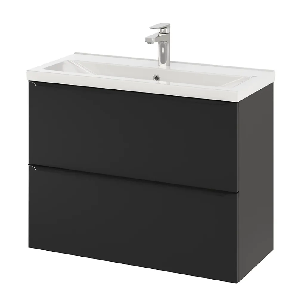 GoodHome Meuble vasque suspendu faible profondeur noir mat l.80 cm Imandra + plan vasque blanc céramique Nira,
