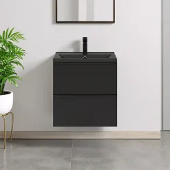 Meuble De Salle De Bains Faible Profondeur|Meuble Vasque|GoodHome Meuble vasque suspendu faible profondeur noir mat l.60 cm Imandra + plan vasque noir céramique Nira,