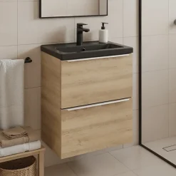 GoodHome Meuble vasque suspendu faible profondeur effet chêne l.50 cm Imandra + plan vasque noir céramique Nira,