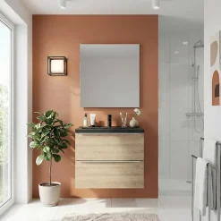 Meuble De Salle De Bains Faible Profondeur|Meuble Vasque|GoodHome Meuble vasque suspendu faible profondeur effet chêne l.60 cm Imandra + plan vasque noir céramique Nira,