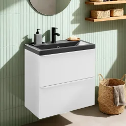 GoodHome Meuble vasque suspendu faible profondeur blanc mat l.60 cm Imandra + plan vasque noir céramique Nira,