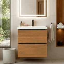GoodHome Meuble vasque suspendu faible profondeur effet noyer l.60 cm Imandra + plan vasque blanc céramique Nira,