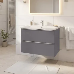 GoodHome Meuble vasque suspendu faible profondeur gris brillant l.80 cm Imandra + plan vasque blanc céramique Nira,