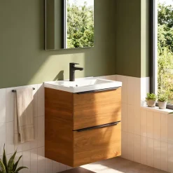 GoodHome Meuble vasque suspendu faible profondeur effet noyer l.50 cm Imandra + plan vasque blanc céramique Nira,