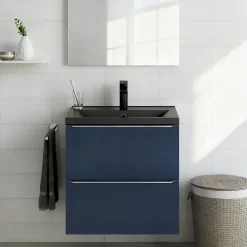 Meuble De Salle De Bains Faible Profondeur|GoodHome Meuble vasque suspendu faible profondeur bleu nuit mat l.60 cm Imandra + plan vasque noir céramique Nira,