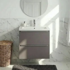 GoodHome Meuble vasque suspendu faible profondeur gris taupe brillant l.60 cm Imandra + plan vasque blanc céramique Nira,