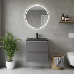 GoodHome Meuble vasque suspendu faible profondeur gris brillant l.60 cm Imandra + plan vasque noir céramique Nira,