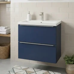 GoodHome Meuble vasque suspendu faible profondeur bleu nuit mat l.60 cm Imandra + plan vasque blanc céramique, Nira