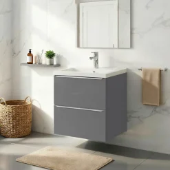 Meuble De Salle De Bains Faible Profondeur|GoodHome Meuble vasque suspendu faible profondeur gris brillant l.50 cm Imandra + plan vasque blanc céramique Nira,