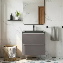 GoodHome Meuble vasque suspendu faible profondeur gris taupe brillant l.60 cm Imandra + plan vasque noir céramique Nira,