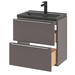 GoodHome Meuble vasque suspendu faible profondeur gris taupe brillant l.60 cm Imandra + plan vasque noir céramique Nira,