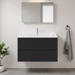 Meuble Vasque|GoodHome Meuble vasque suspendu noir mat l.100 cm Imandra + plan vasque blanc céramique Nira,