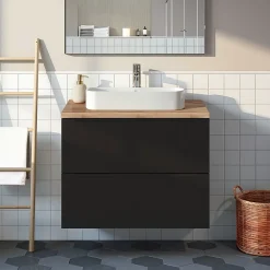 GoodHome Meuble vasque suspendu noir mat l.80 cm Imandra + plan de toilette effet chêne,