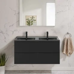 GoodHome Meuble vasque suspendu noir mat l.120 cm Imandra + plan double vasque noir céramique Nira,