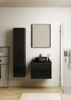 Meuble Buanderie|Ipiemme SRL Meuble vasque suspendu noir mat et verre fumé l.60 cm + plan de toilette noir mat, Pura+
