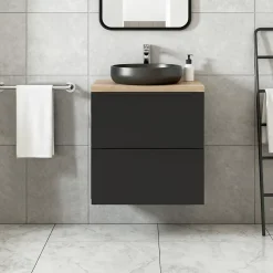 GoodHome Meuble vasque suspendu noir mat l.60 cm Imandra + plan de toilette effet chêne,