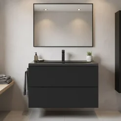 Meuble Vasque|GoodHome Meuble vasque suspendu noir mat l.100 cm Imandra + plan vasque noir céramique Nira,