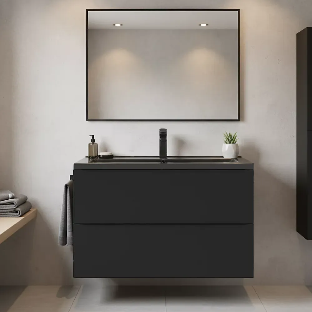 Meuble Vasque|GoodHome Meuble vasque suspendu noir mat l.100 cm Imandra + plan vasque noir céramique Nira,