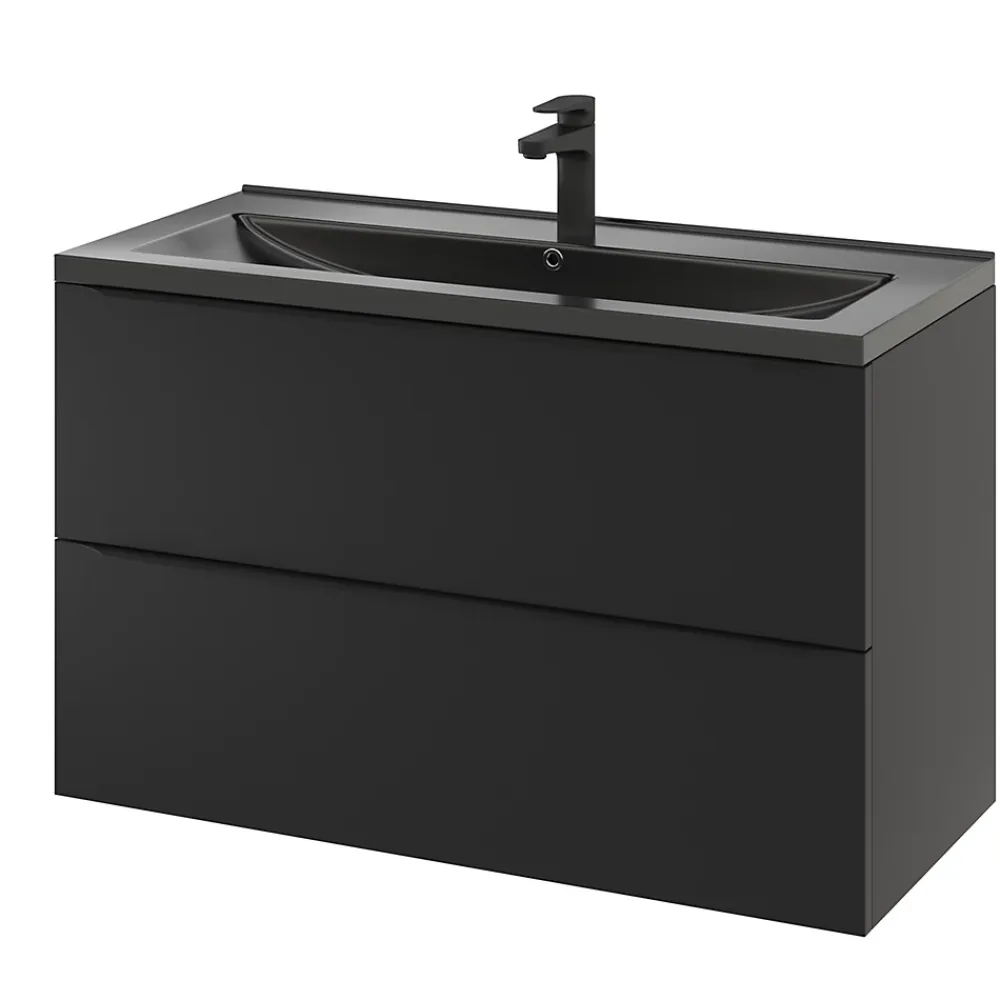 Meuble Vasque|GoodHome Meuble vasque suspendu noir mat l.100 cm Imandra + plan vasque noir céramique Nira,