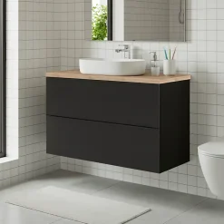 GoodHome Meuble vasque suspendu noir mat l.100 cm Imandra + plan de toilette effet chêne,