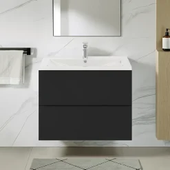 Meuble Vasque|GoodHome Meuble vasque suspendu noir mat l.80 cm Imandra + plan vasque blanc céramique Nira,