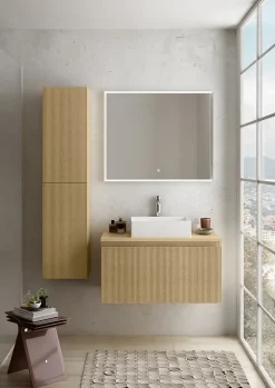 Ipiemme SRL Meuble vasque suspendu plaqué chêne miel strié l.90 cm + plan de toilette plaqué chêne miel, Pura+