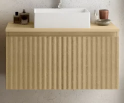 Ipiemme SRL Meuble vasque suspendu plaqué chêne miel strié l.90 cm + plan de toilette plaqué chêne miel, Pura+