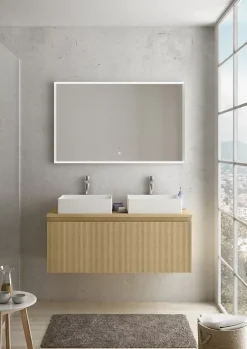 Meuble Buanderie|Ipiemme SRL Meuble vasque suspendu plaqué chêne miel strié l.120 cm + plan de toilette plaqué chêne miel pour 2 vasques, Pura+