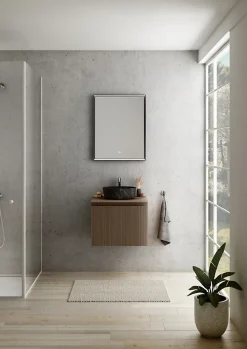 Ipiemme SRL Meuble vasque suspendu plaqué noyer strié l.60 cm + plan de toilette plaqué noyer, Pura+