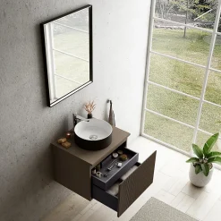 Ipiemme SRL Meuble vasque suspendu plaqué noyer strié l.60 cm + plan de toilette plaqué noyer, Pura+