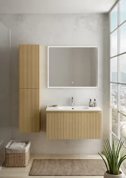 Ipiemme SRL Meuble vasque suspendu plaqué chêne miel strié l.90 cm + plan vasque blanc mat résine, Pura+