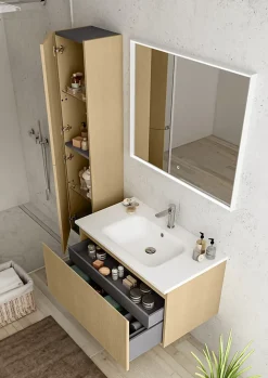 Ipiemme SRL Meuble vasque suspendu plaqué chêne miel strié l.90 cm + plan vasque blanc mat résine, Pura+