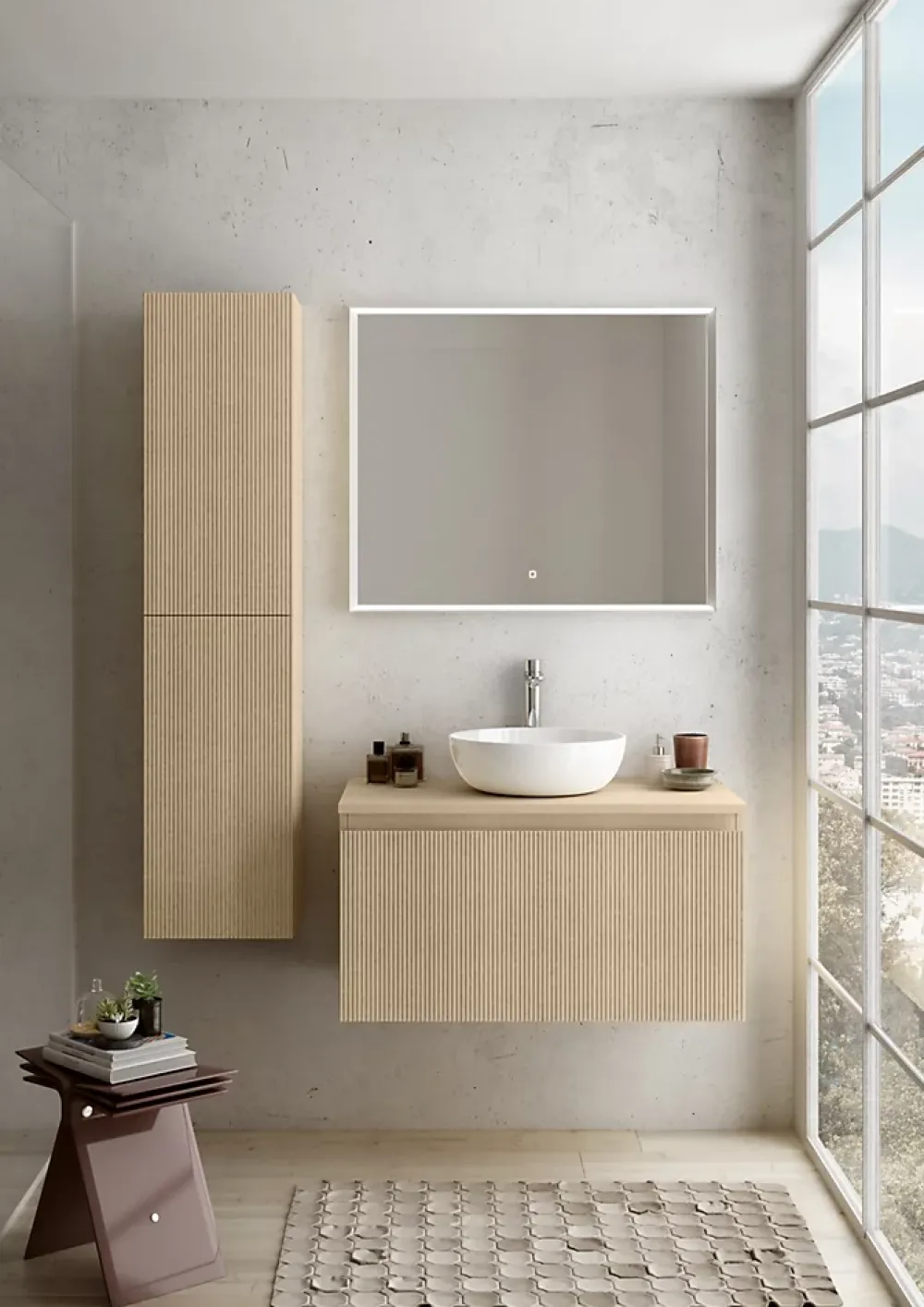 Meuble Buanderie|Ipiemme SRL Meuble vasque suspendu plaqué chêne clair strié l.90 cm + plan de toilette plaqué chêne clair, Pura+